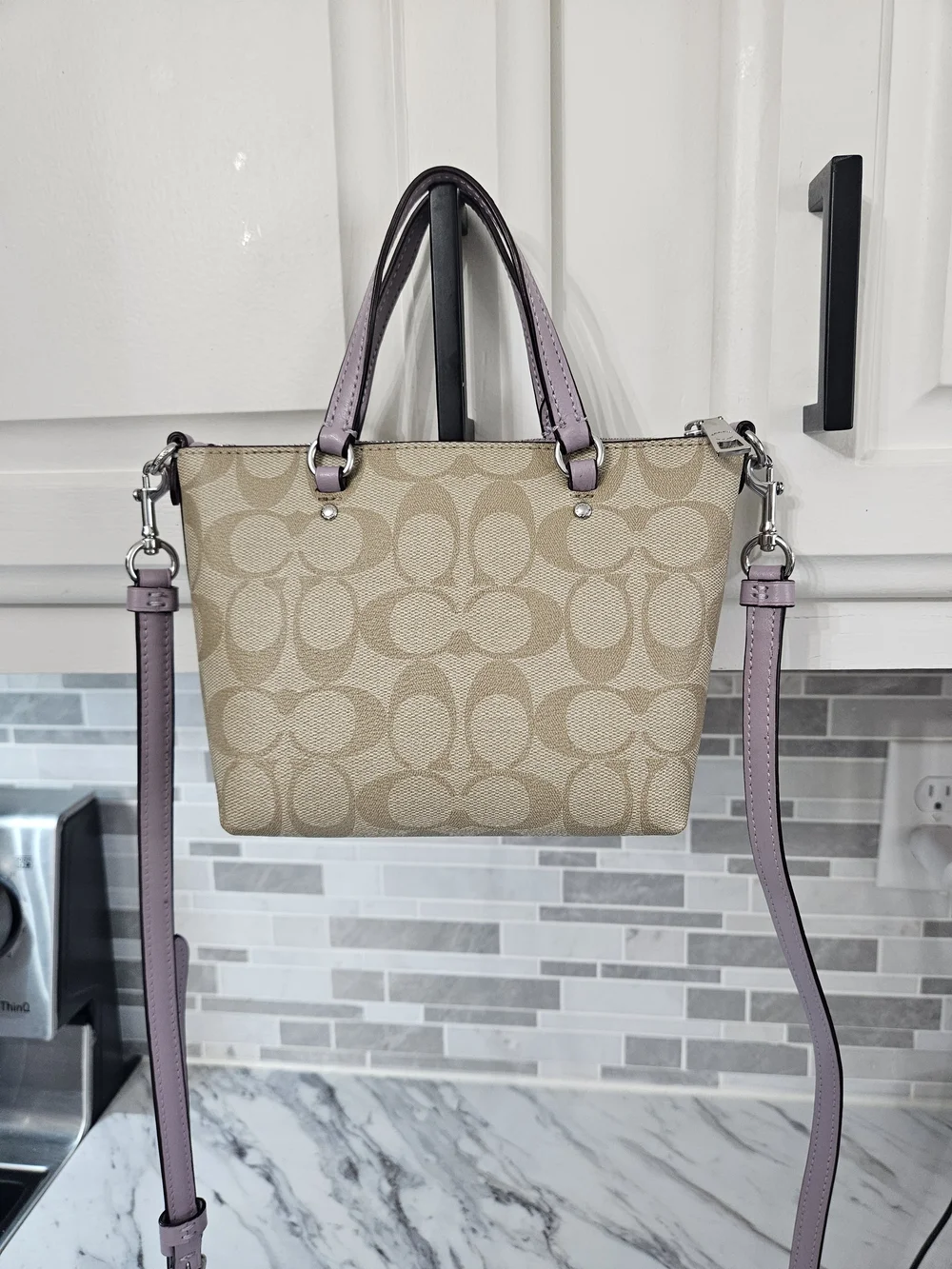 COACH Gallery Mini Canvas Crossbody in Beige with Lavender Trim
